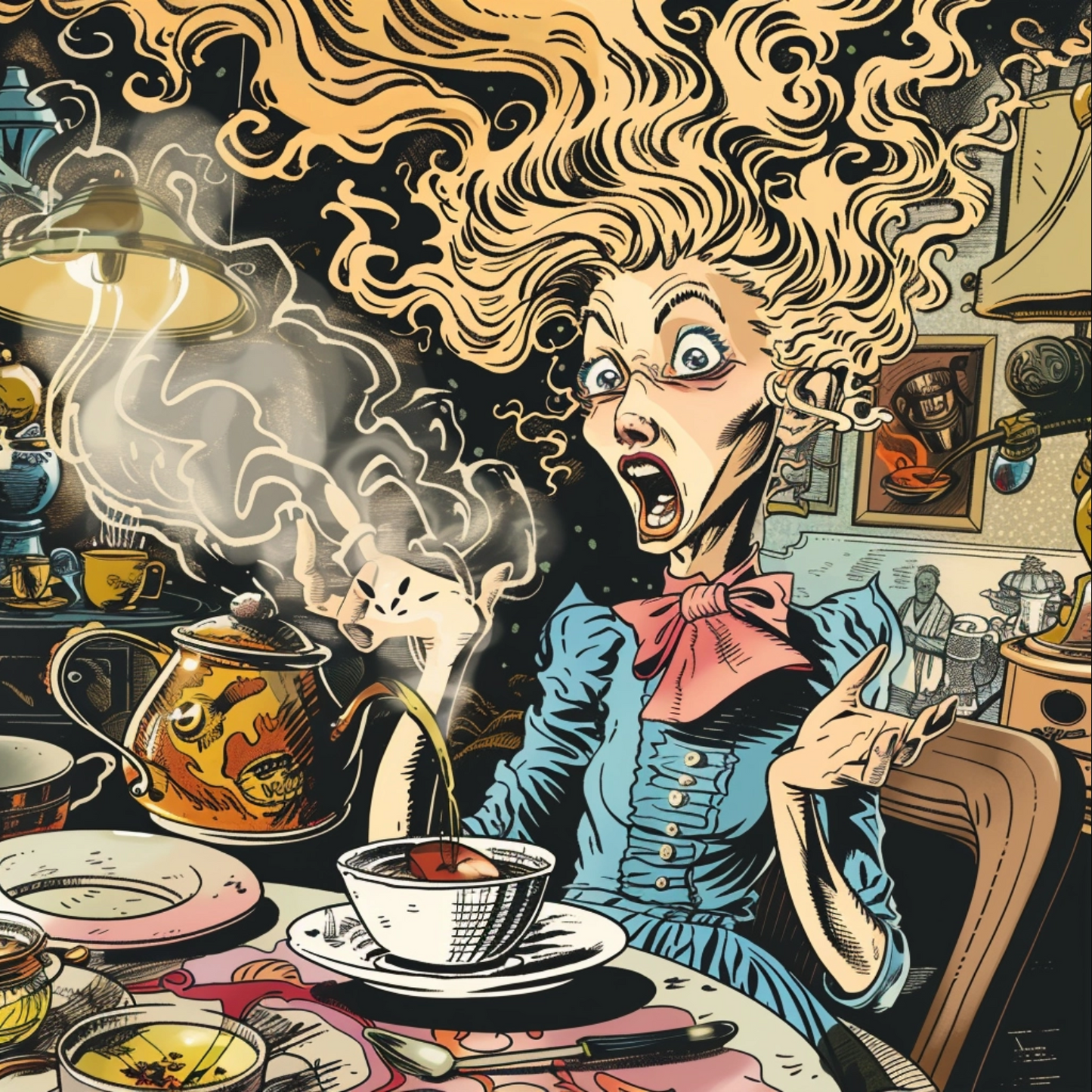 A whimsical retro comic book tea in the style of Mad Magazine