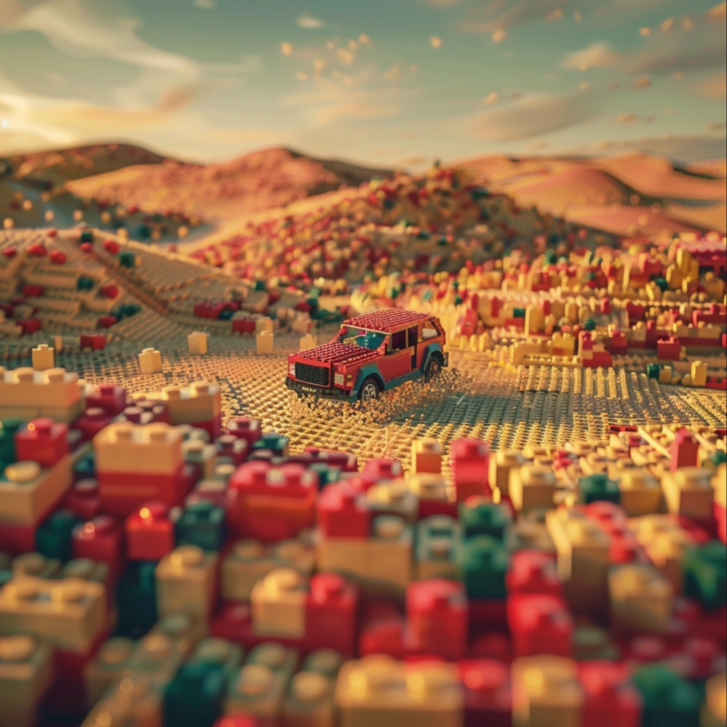 An abstract photo of desert driving through a sea of Legos