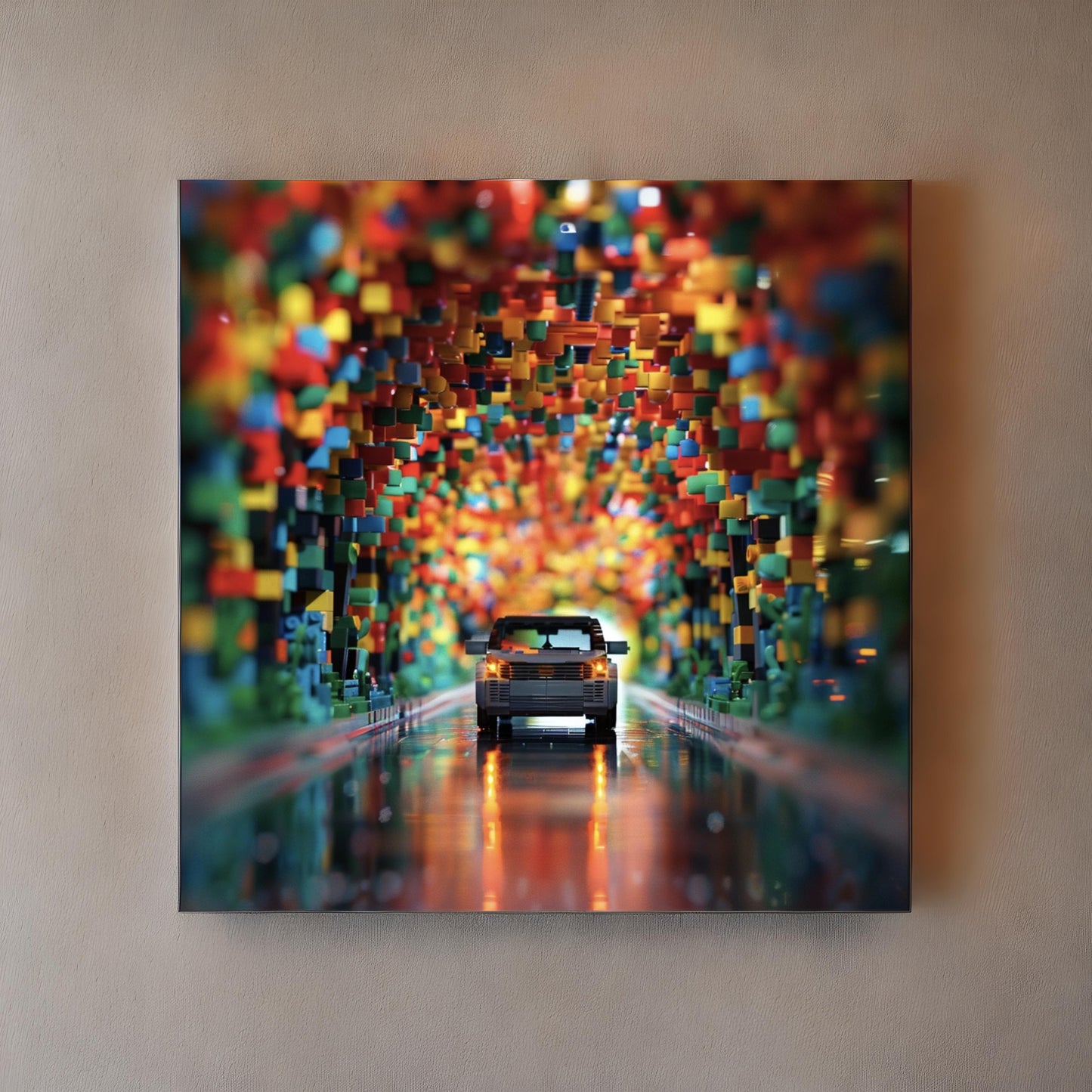 An abstract photo of electric car driving through a sea of Legos