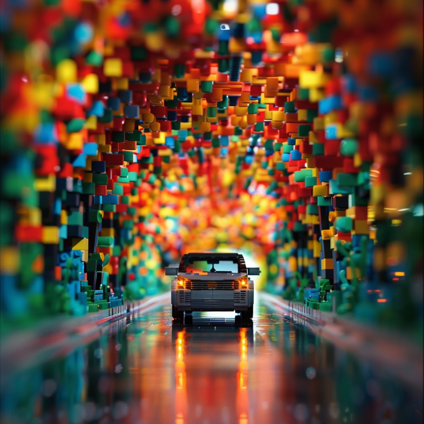 An abstract photo of electric car driving through a sea of Legos