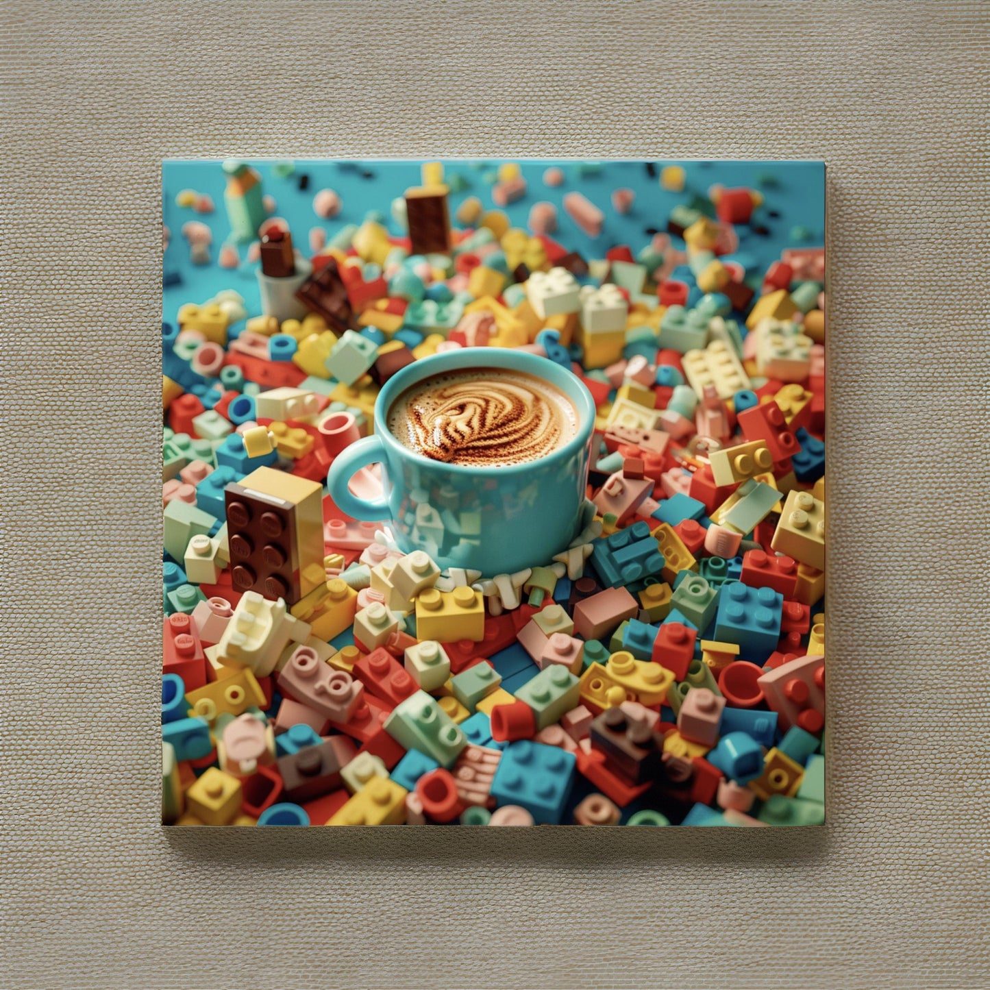 An abstract photo of hot chocolate driving through a sea of legos