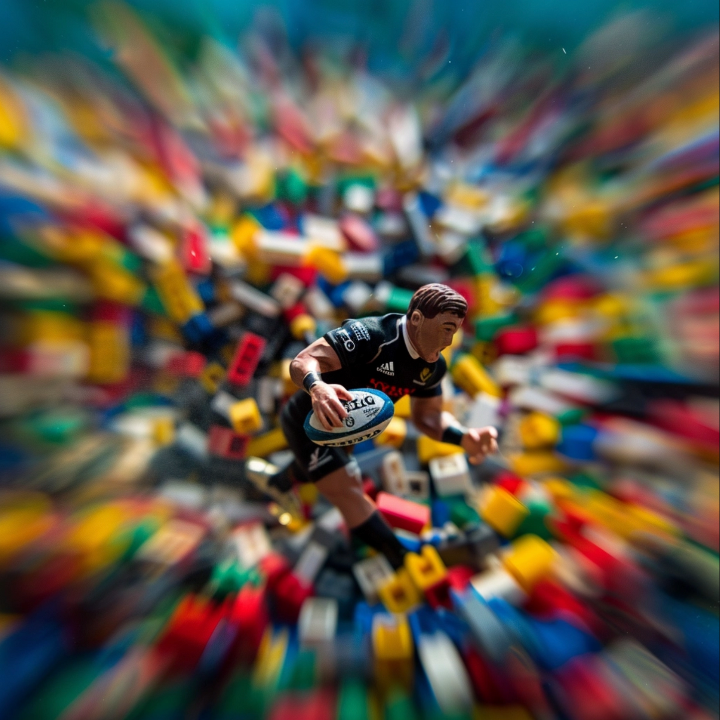 An abstract photo of rugby driving through a sea of Legos