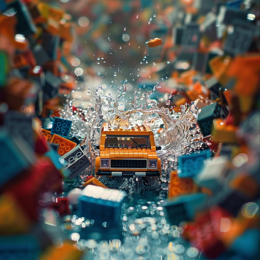 An abstract photo of tequila driving through a sea of Legos