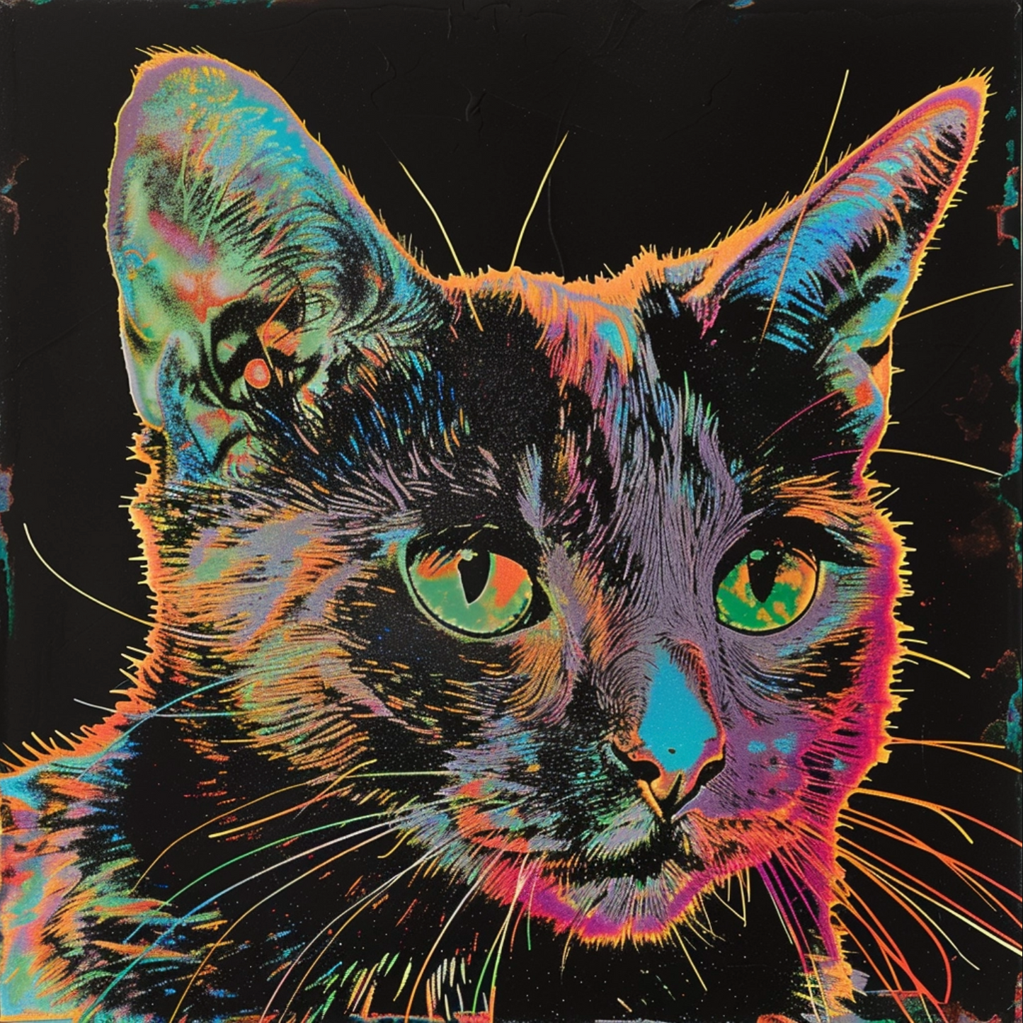 Baroque punk type cat animal in the style of risograph printed portraiture on artists paper