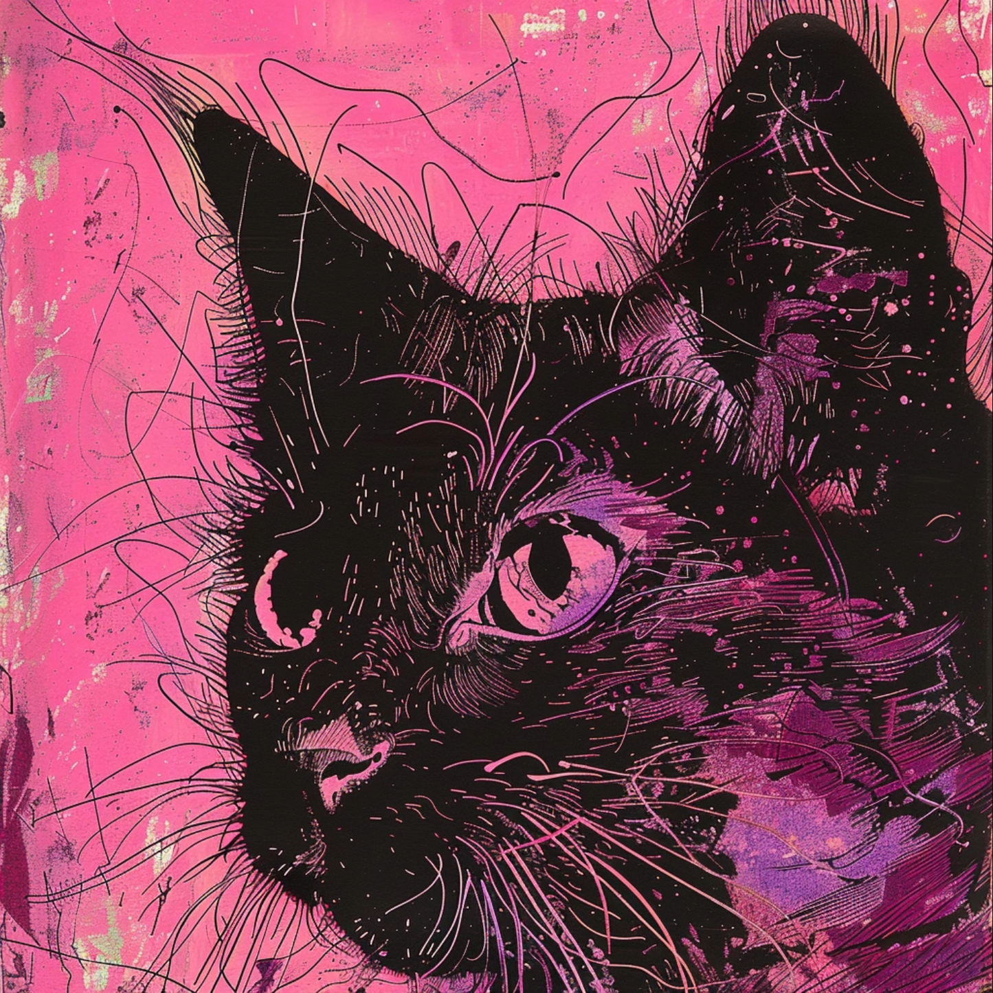 Baroque punk type cat animal in the style of risograph printed portraiture on artists paper