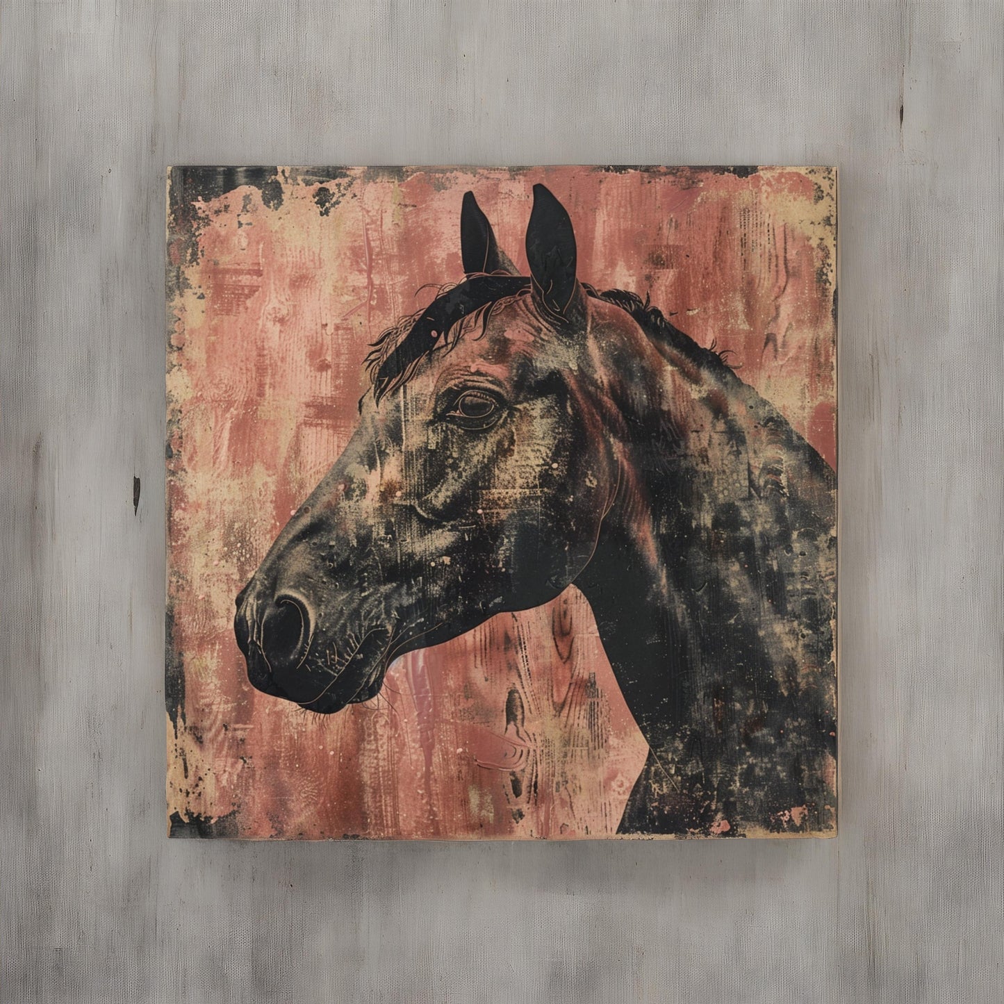 Baroque punk type horse animal in the style of risograph printed portraiture on artists paper