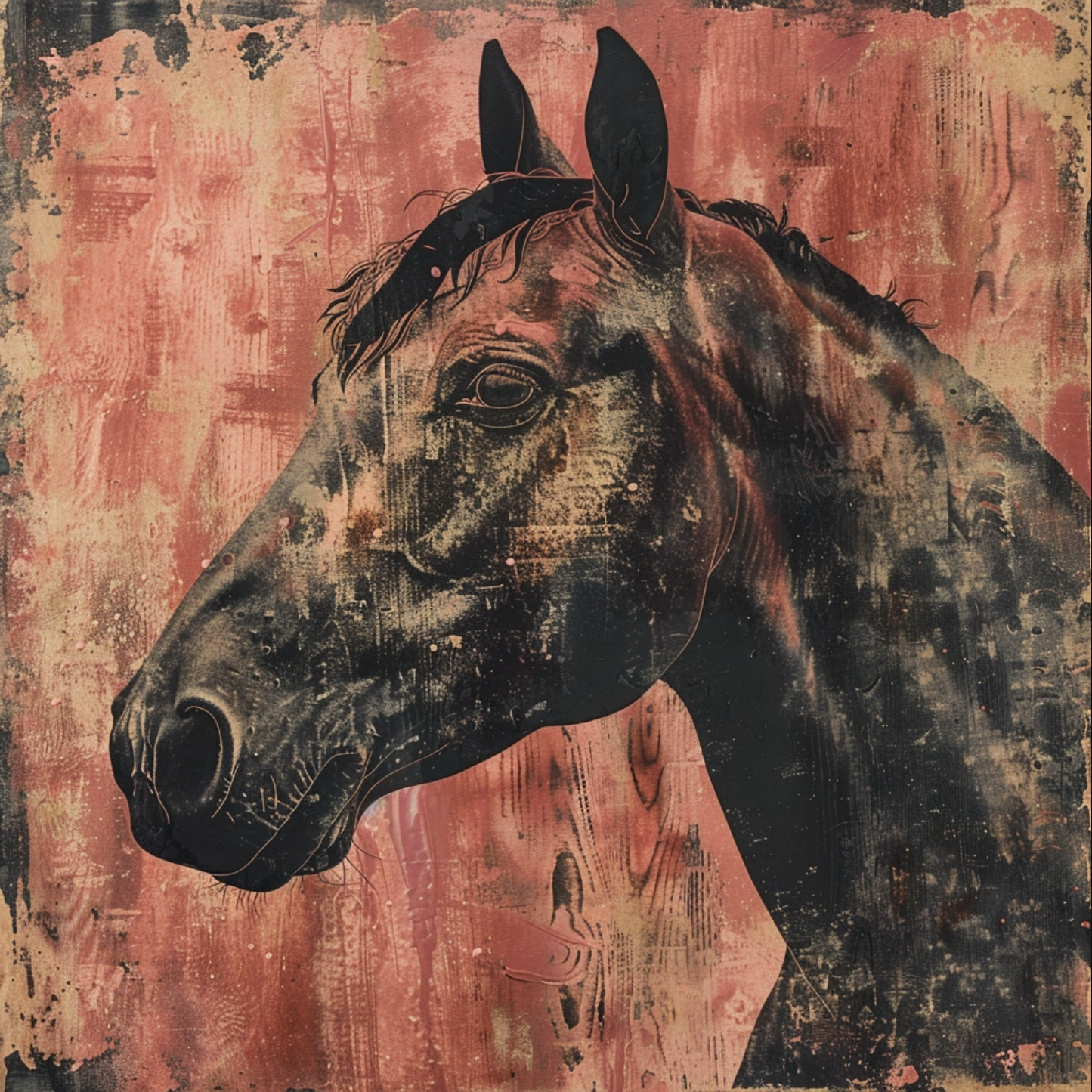 Baroque punk type horse animal in the style of risograph printed portraiture on artists paper