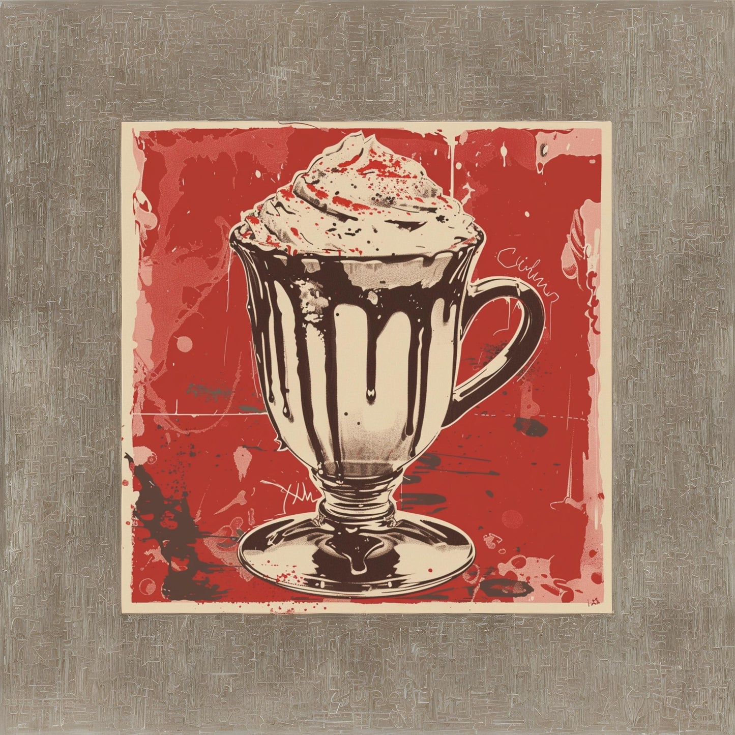 Baroque punk type hot chocolate the drink in the style of risograph printed portraiture on artists paper
