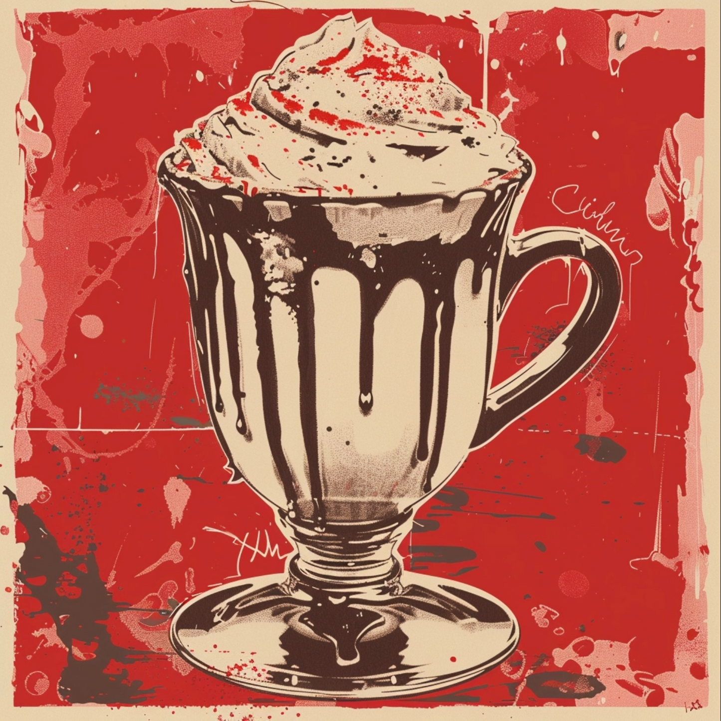 Baroque punk type hot chocolate the drink in the style of risograph printed portraiture on artists paper