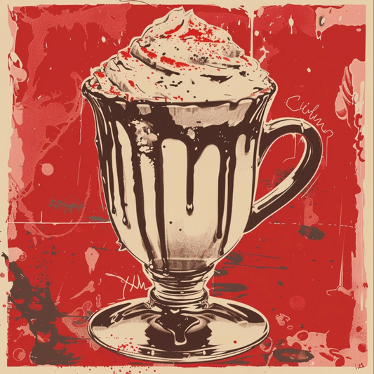 Baroque punk type hot chocolate the drink in the style of risograph printed portraiture on artists paper