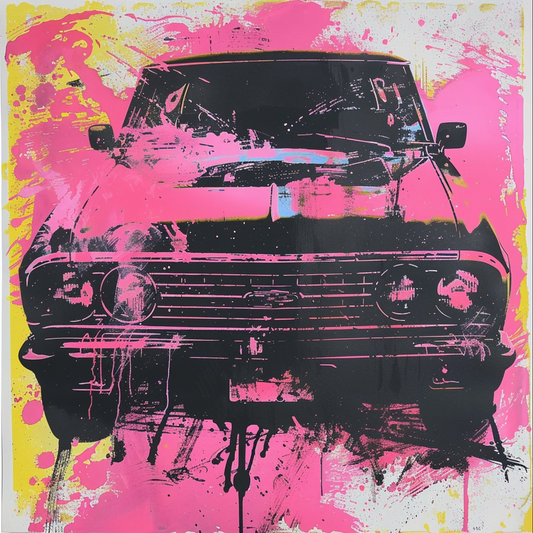 Baroque punk type suv in the style of risograph printed portraiture on artists paper