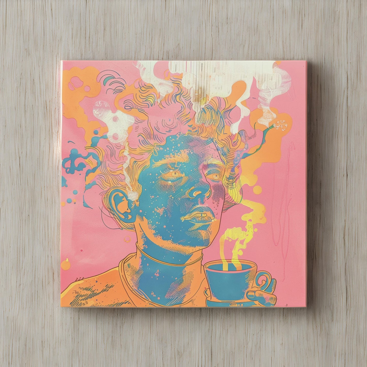Baroque punk type tea in the style of risograph printed portraiture on artists paper
