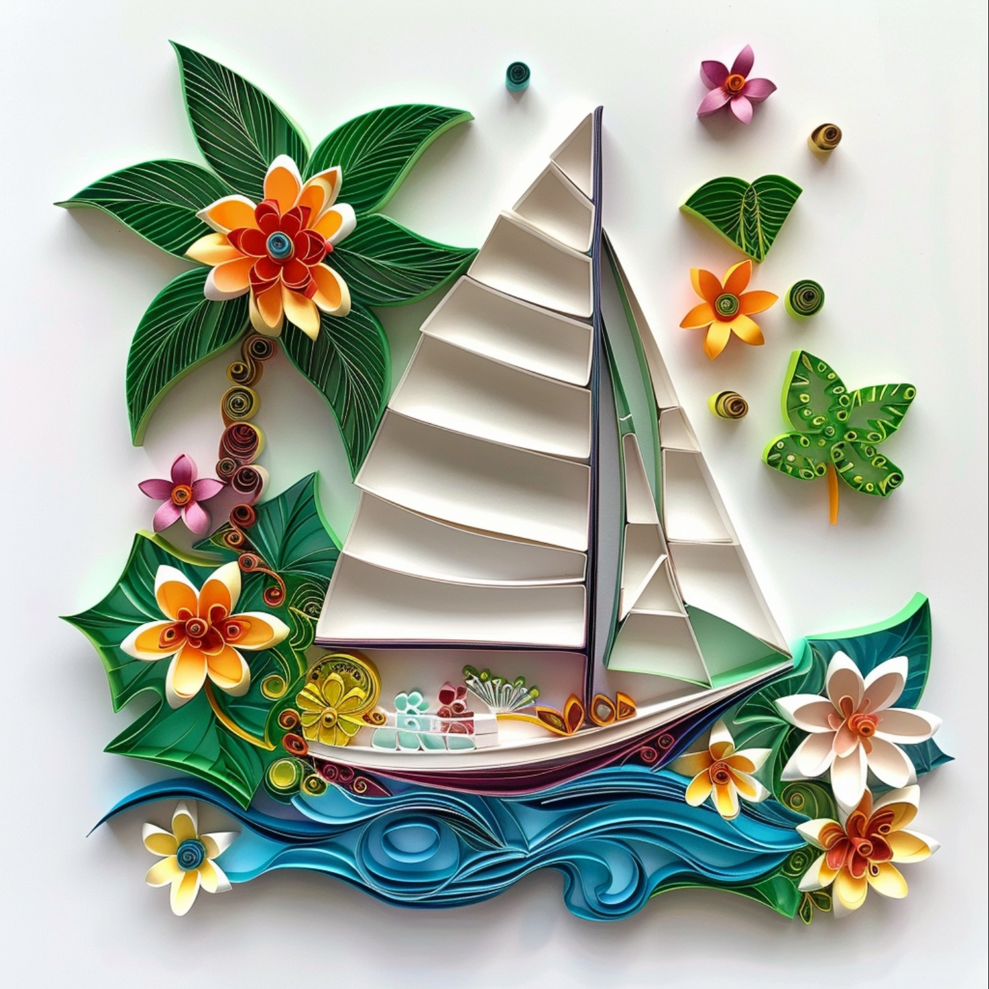 Catamaran with leaves and flowers