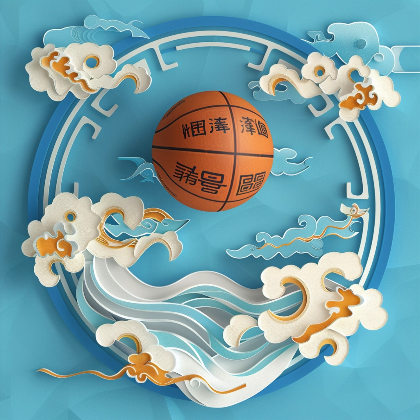 Chinese illustration of basketball on blue background