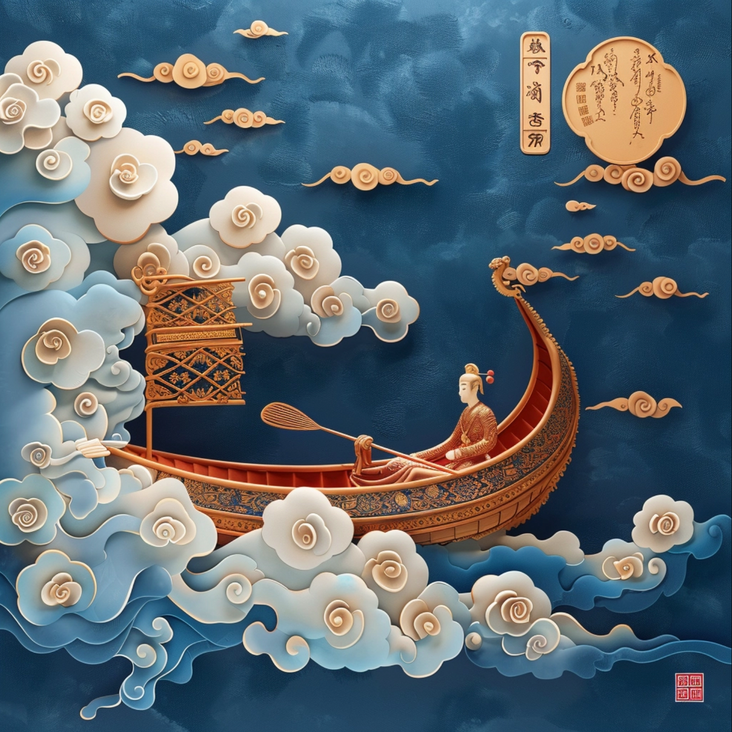 Chinese illustration of canoe on blue background