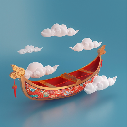 Chinese illustration of canoe on blue background