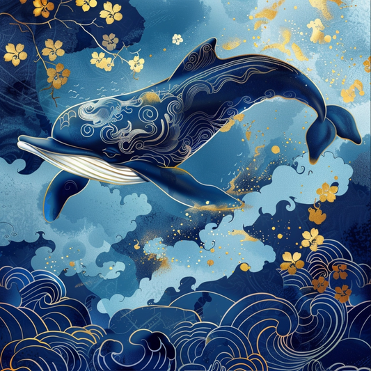 Chinese illustration of dolphin animal on blue background