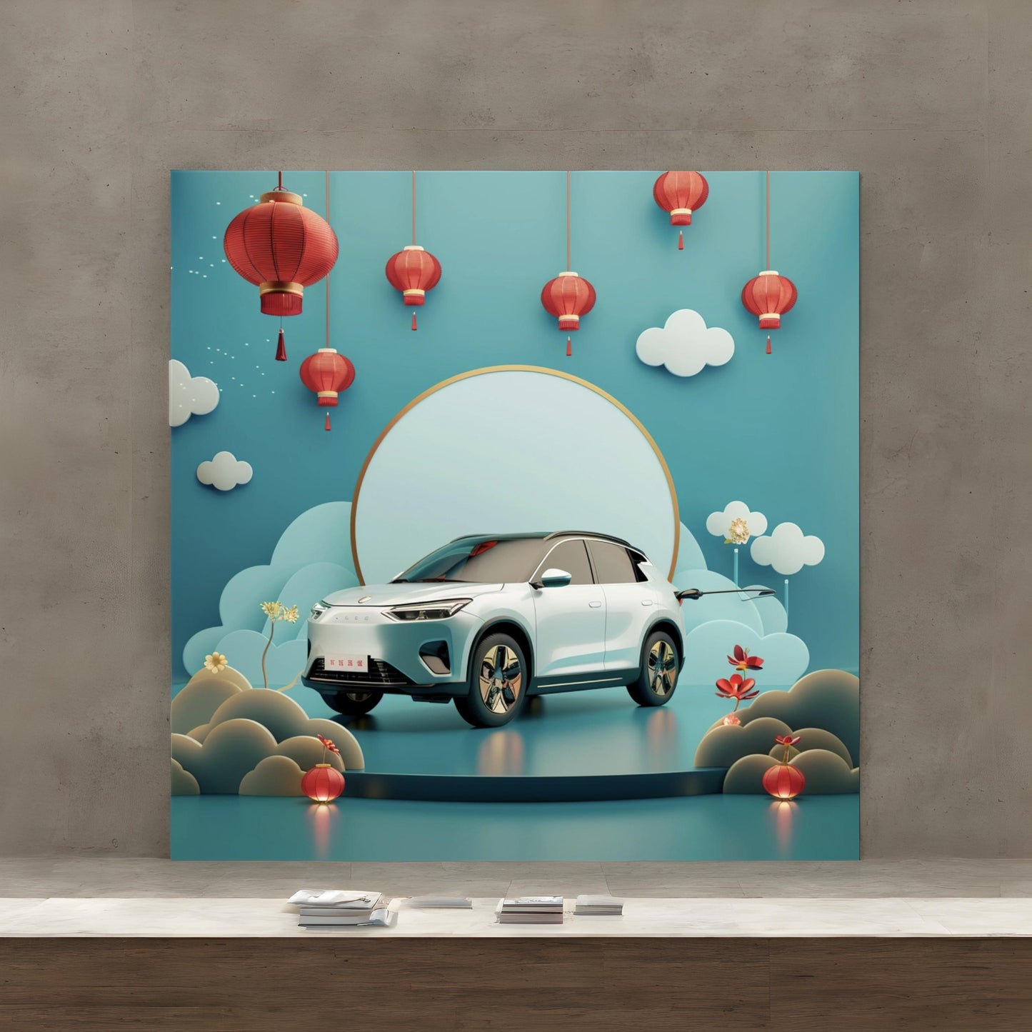 Chinese illustration of electric car on blue background