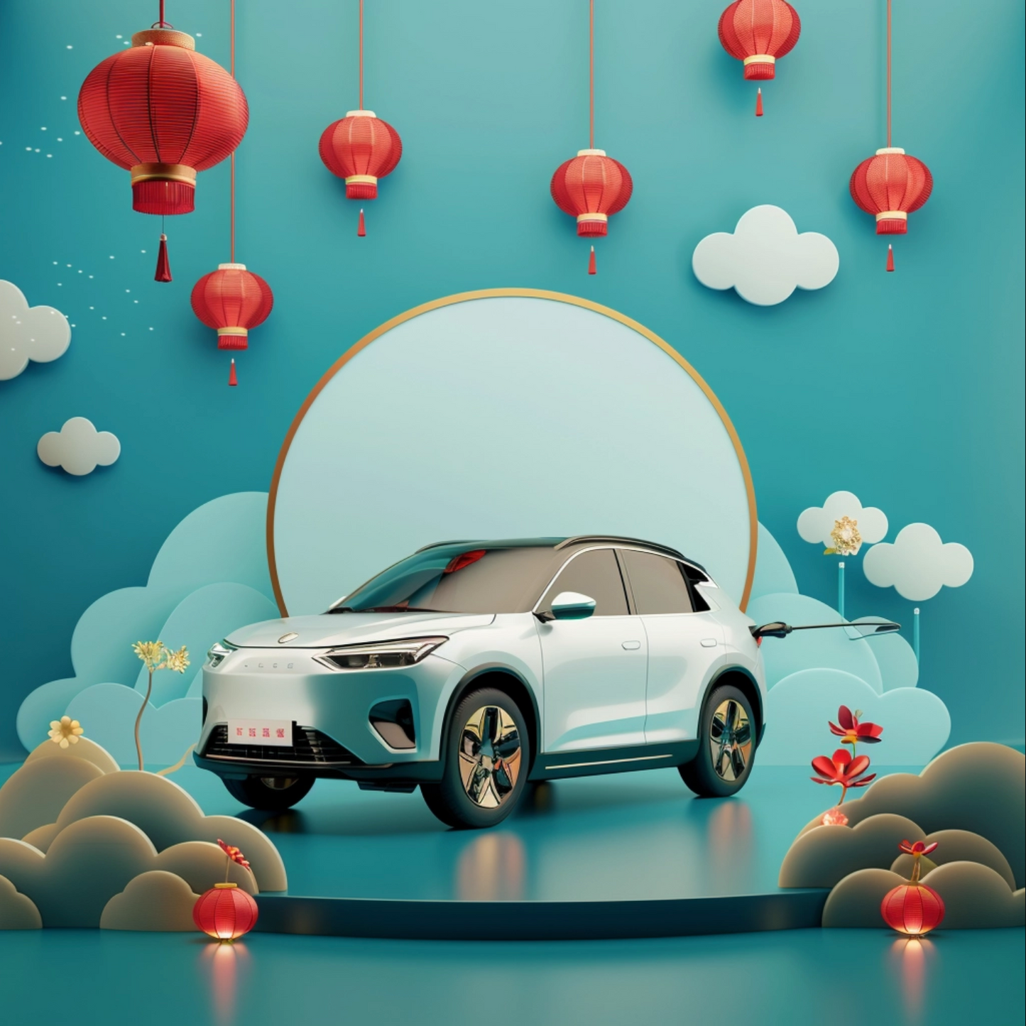 Chinese illustration of electric car on blue background