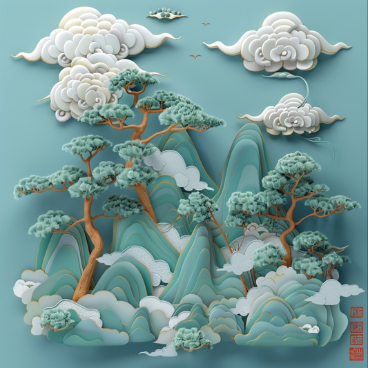 Chinese illustration of forest on blue background