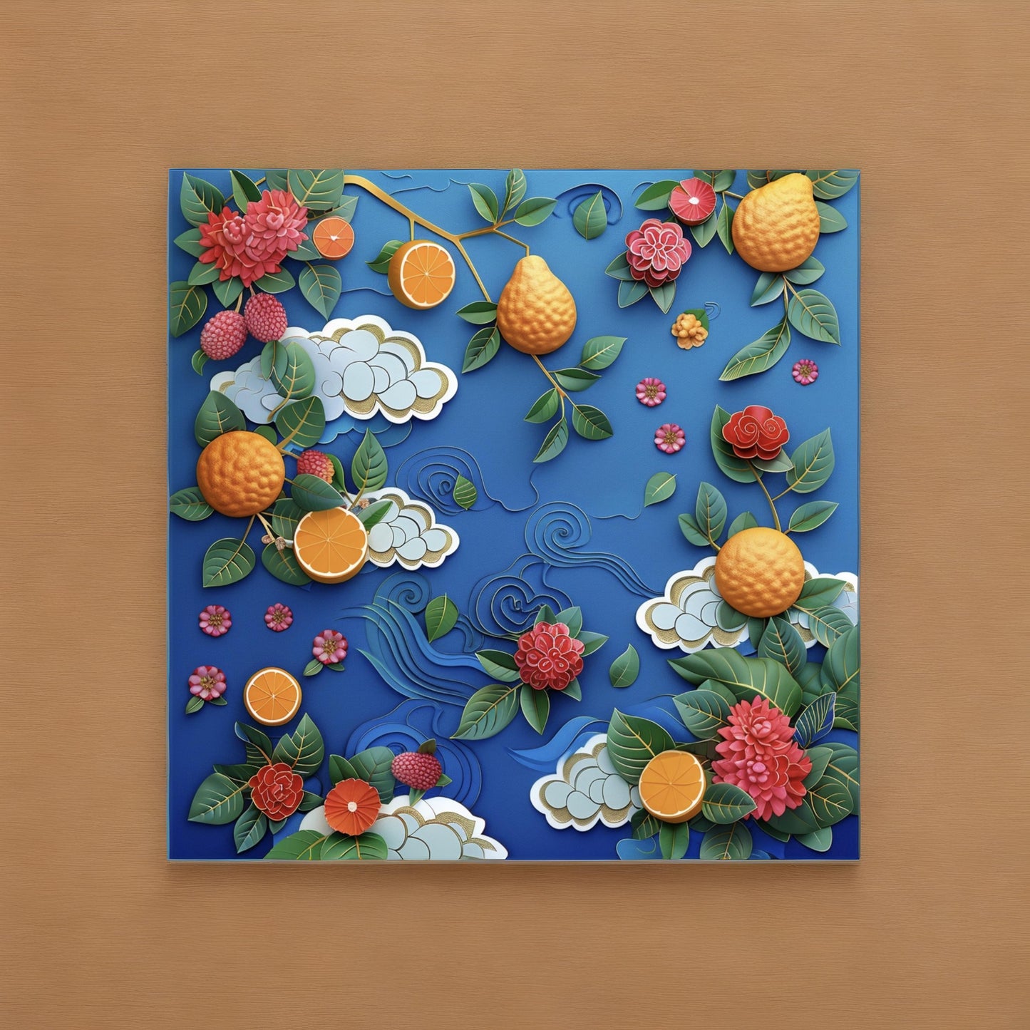 Chinese illustration of fruits on blue background