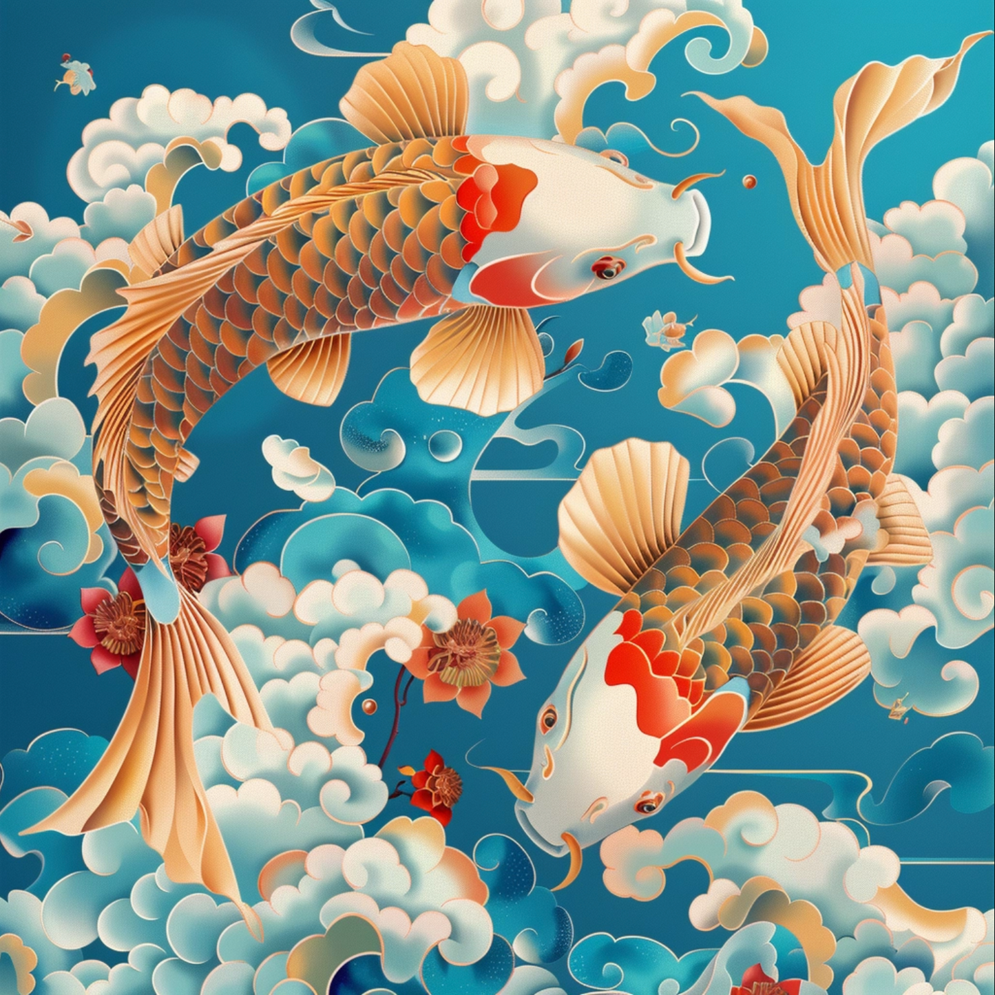 Chinese illustration of goldfish animal on blue background