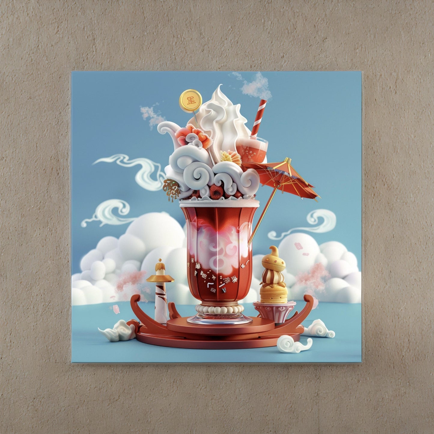 Chinese illustration of milkshake drink on blue background