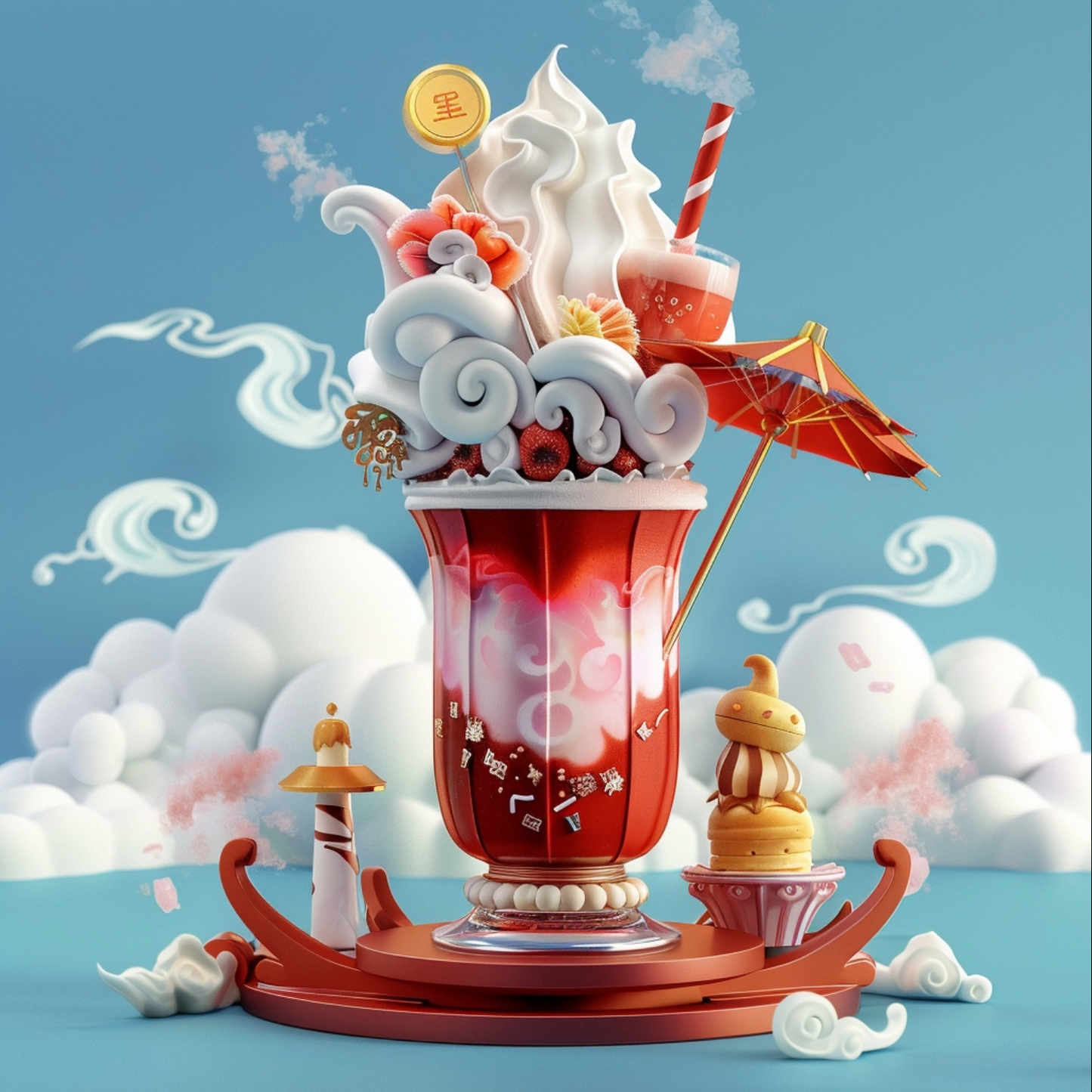 Chinese illustration of milkshake drink on blue background