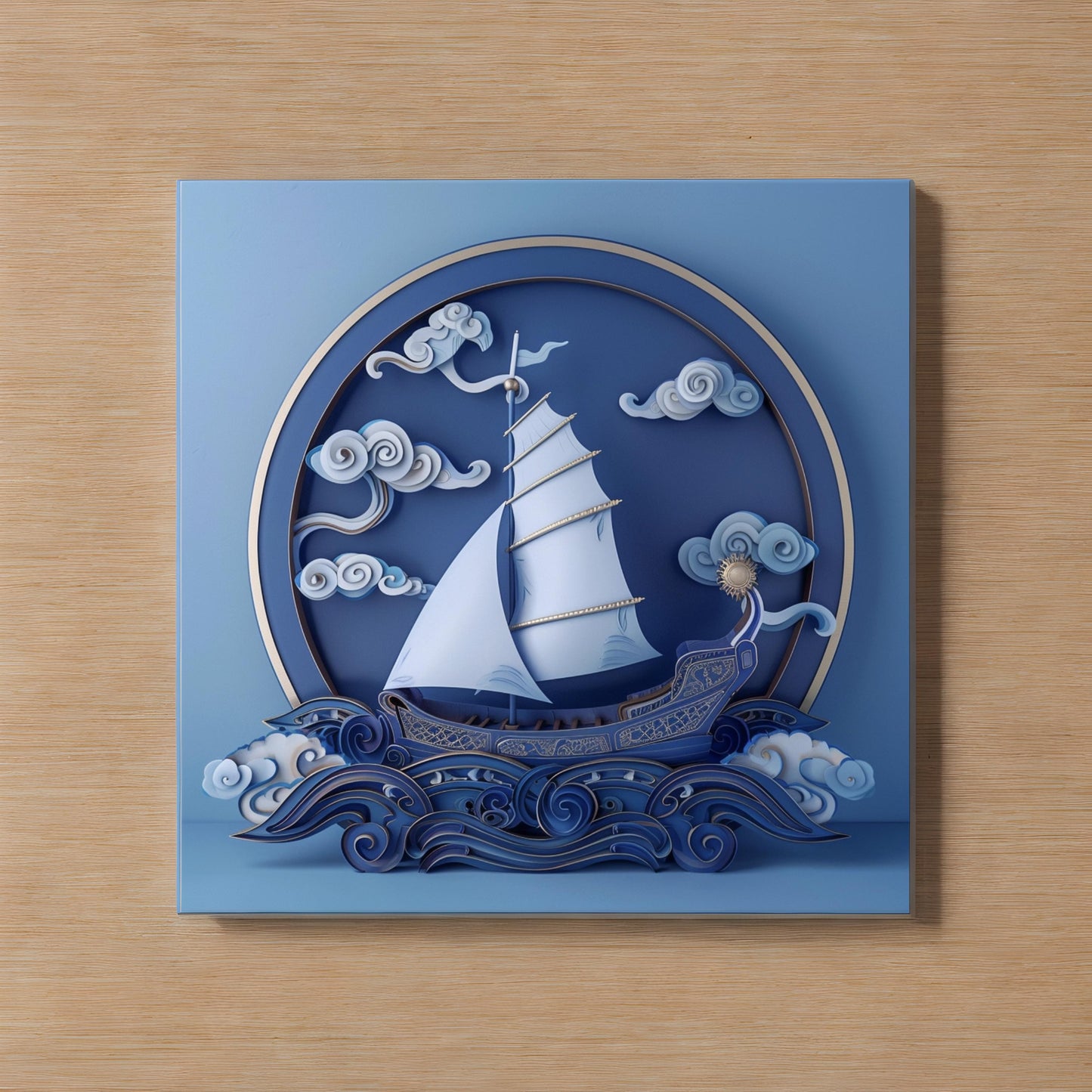 Chinese illustration of sailboat on blue background