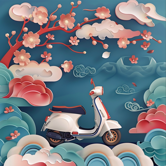 Chinese illustration of scooter motorcycle on blue background