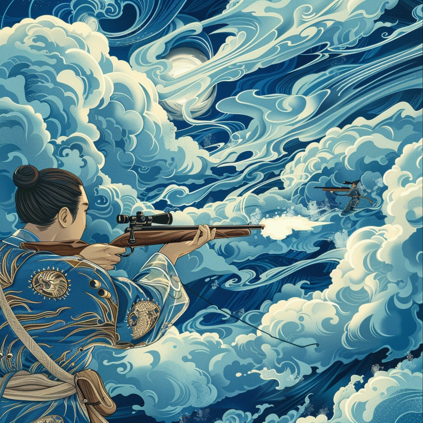 Chinese illustration of shooting sport on blue background