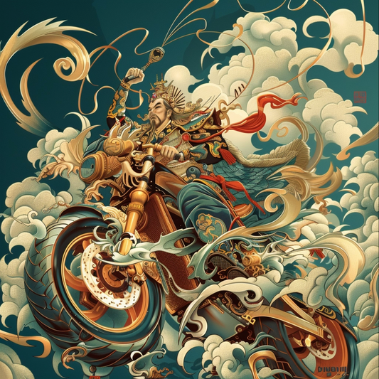 Chinese illustration of speed motorcycle on blue background