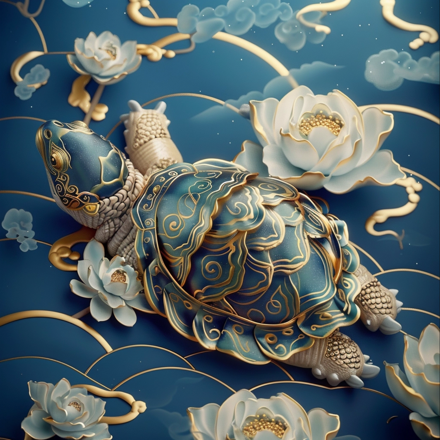 Chinese illustration of turtle animal on blue background