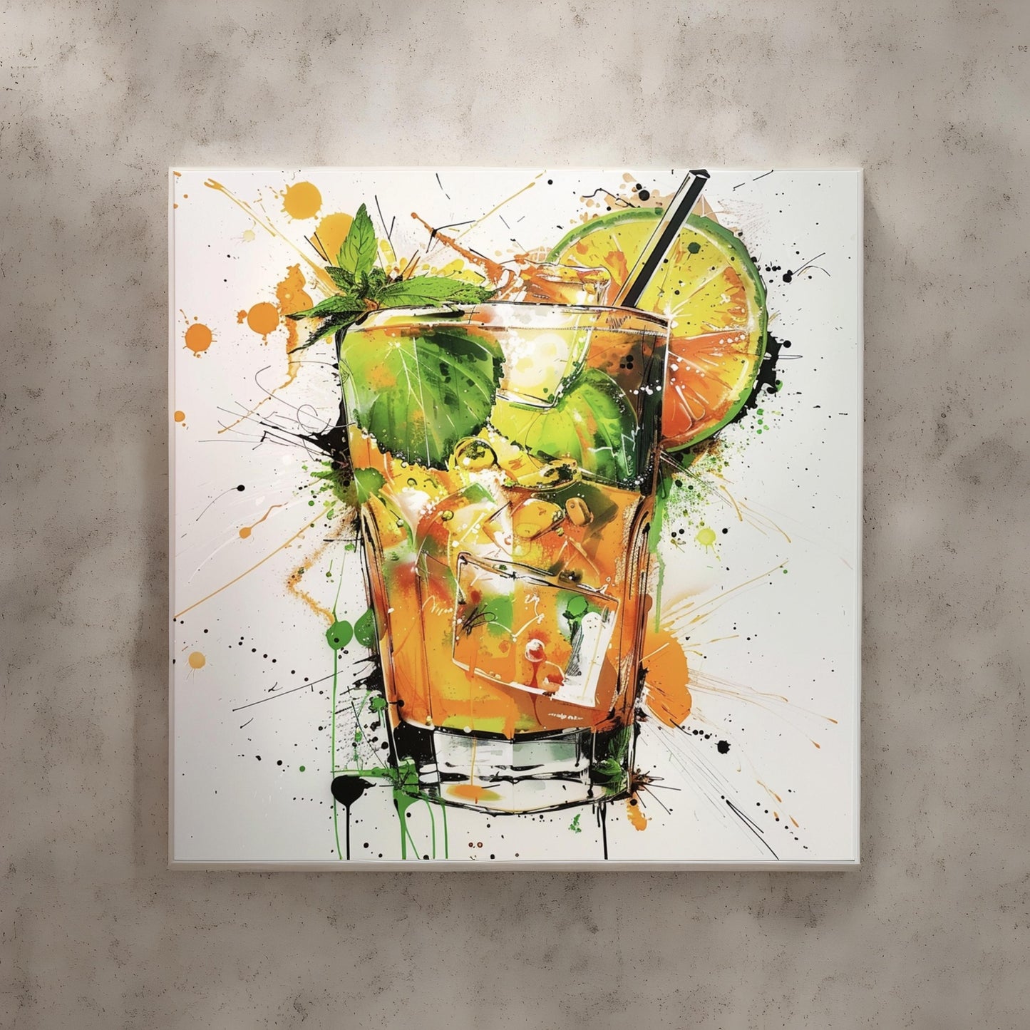 Graffiti art of cartoon mojito drink elaborate acrylic spray paint by Yoji Shinkawa Nick Edwards style with bold brushstrokes romantic glazing orange green yellow white