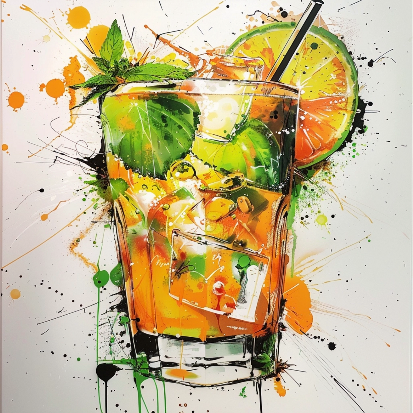 Graffiti art of cartoon mojito drink elaborate acrylic spray paint by Yoji Shinkawa Nick Edwards style with bold brushstrokes romantic glazing orange green yellow white