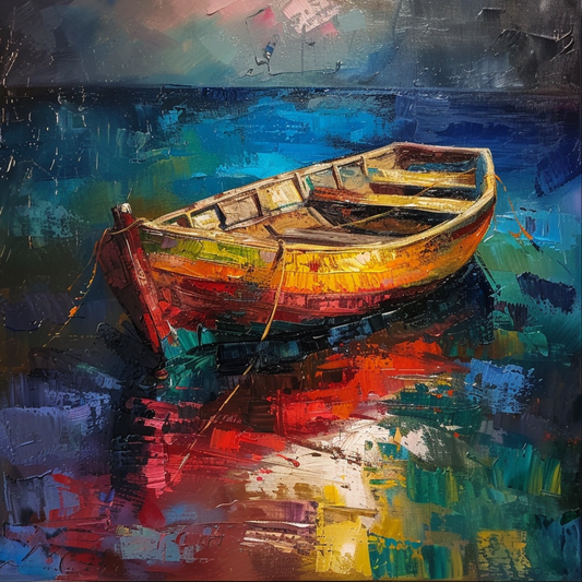 Oil painting on canvas in the baroque style of canoe boat