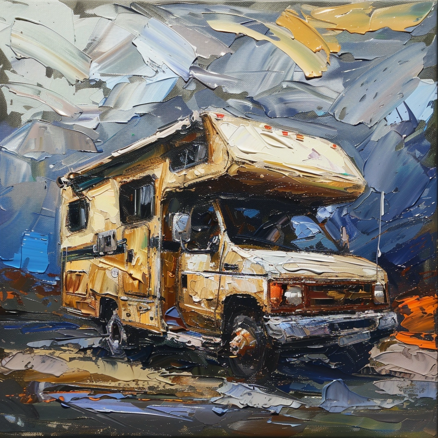 Oil painting on canvas in the baroque style of motorhome