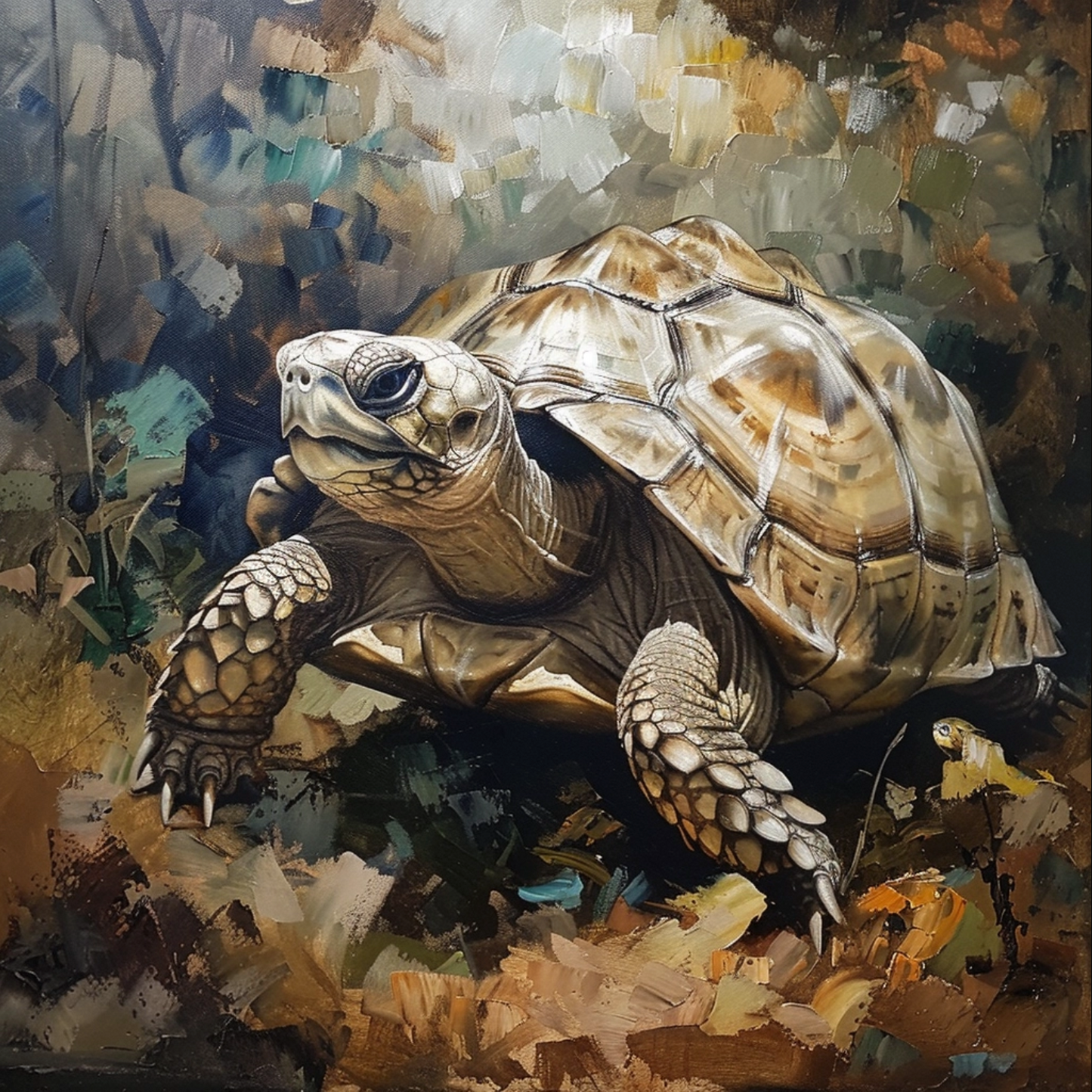 Oil painting on canvas in the baroque style of turtle animal