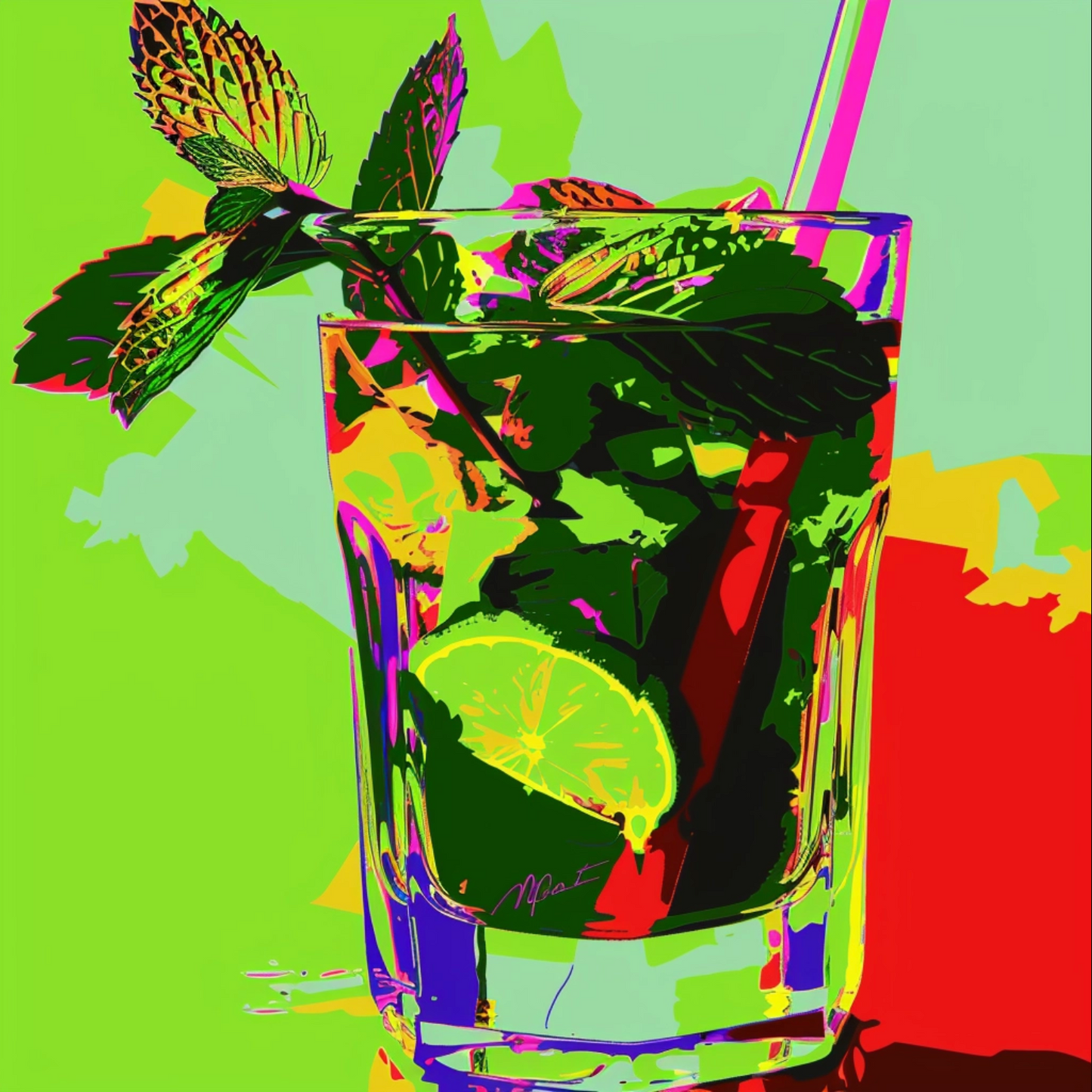 Pop art image of mojito drink bold colors Andy Warhol style stylize