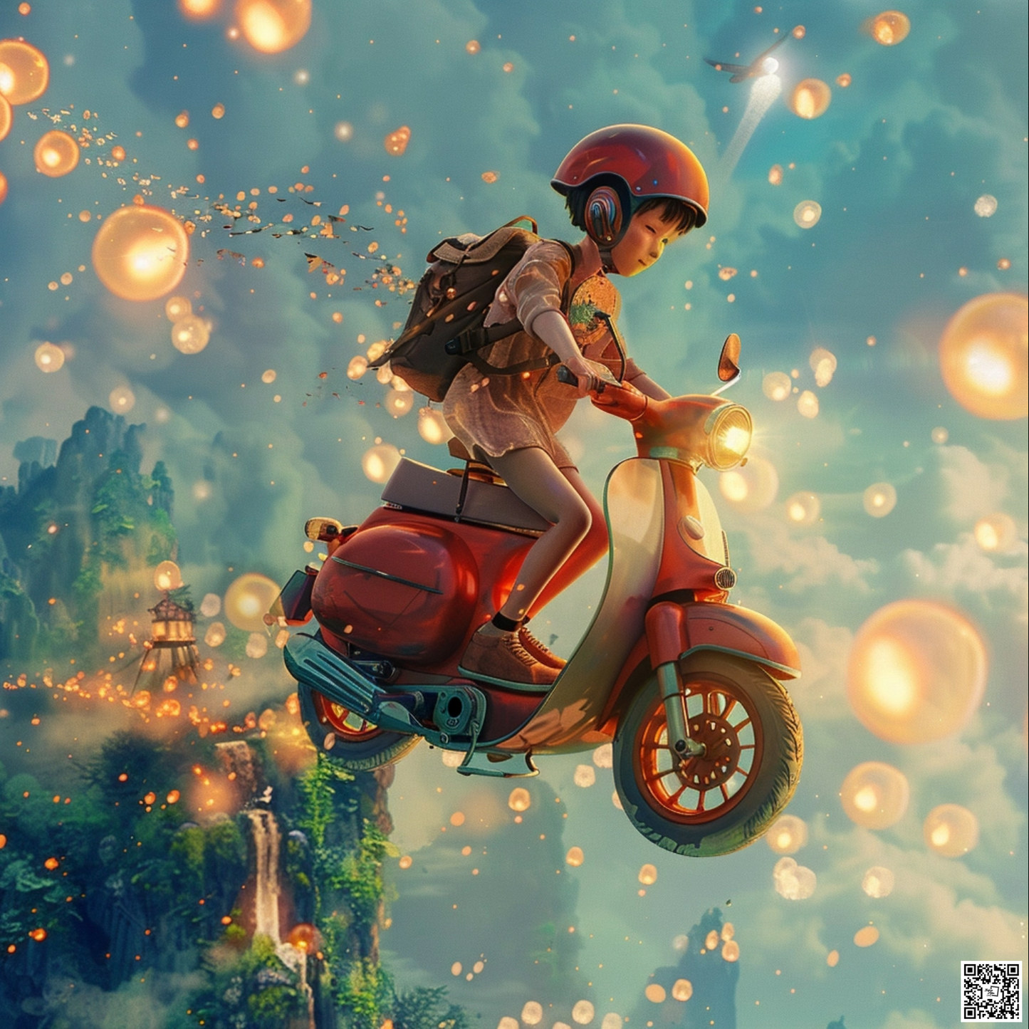 A magical dreamlike scooter motorcycle in the style of Hayao Miyazaki