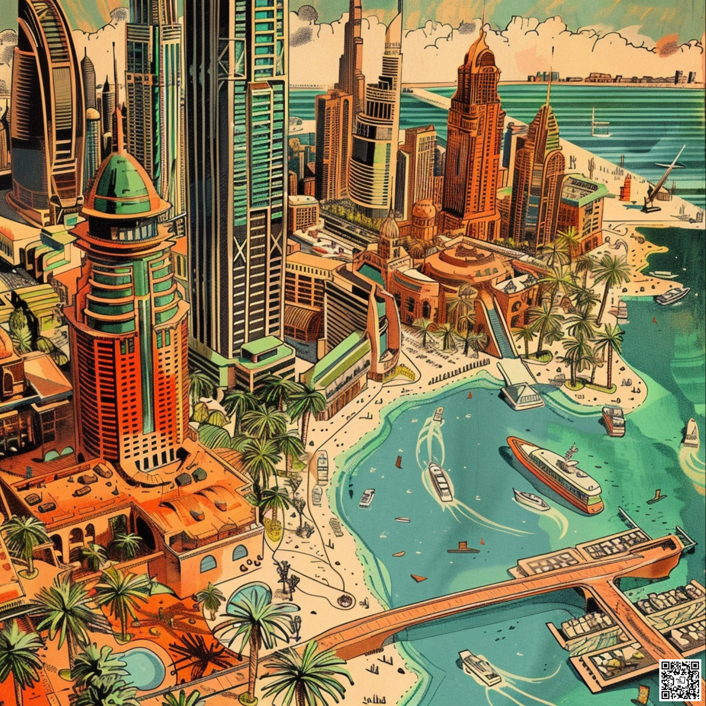 A whimsical retro comic book Dubai in the style of Mad Magazine