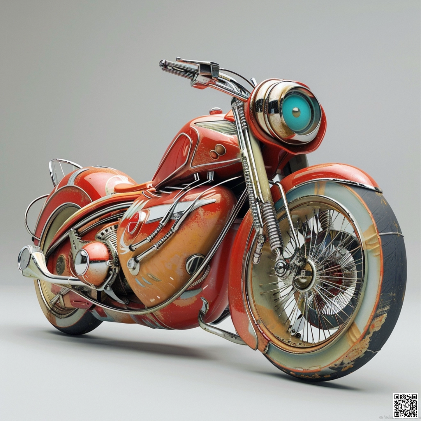 A whimsical retro comic book sidecar motorcycle in the style of Mad Magazine