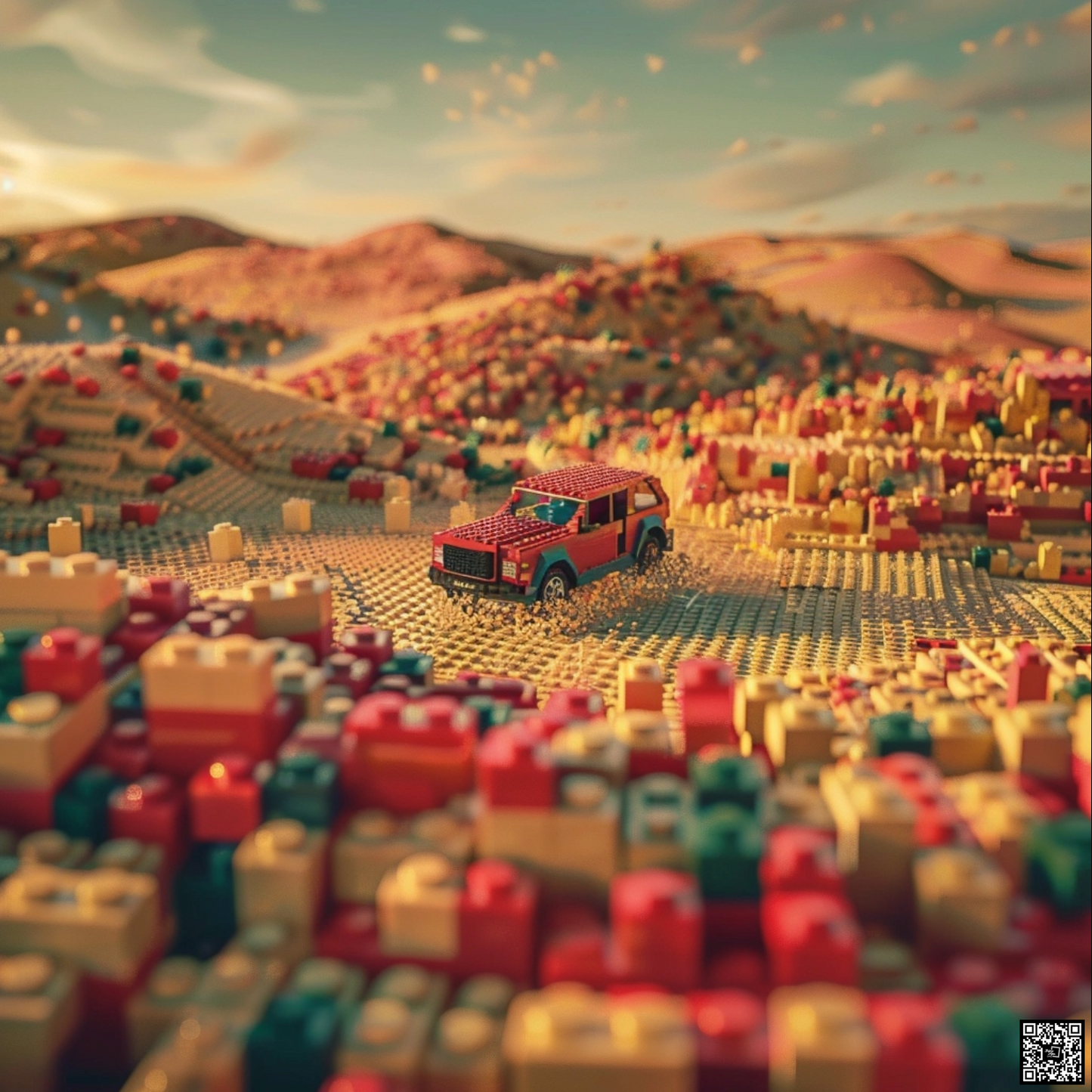 An abstract photo of desert driving through a sea of Legos