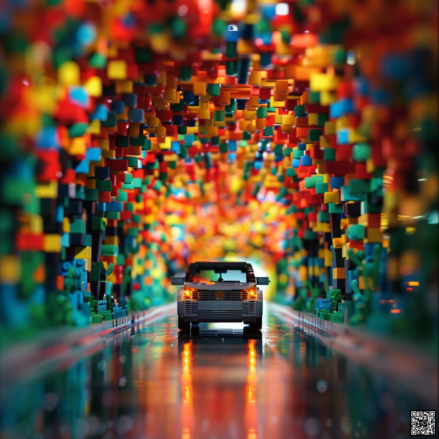 An abstract photo of electric car driving through a sea of Legos