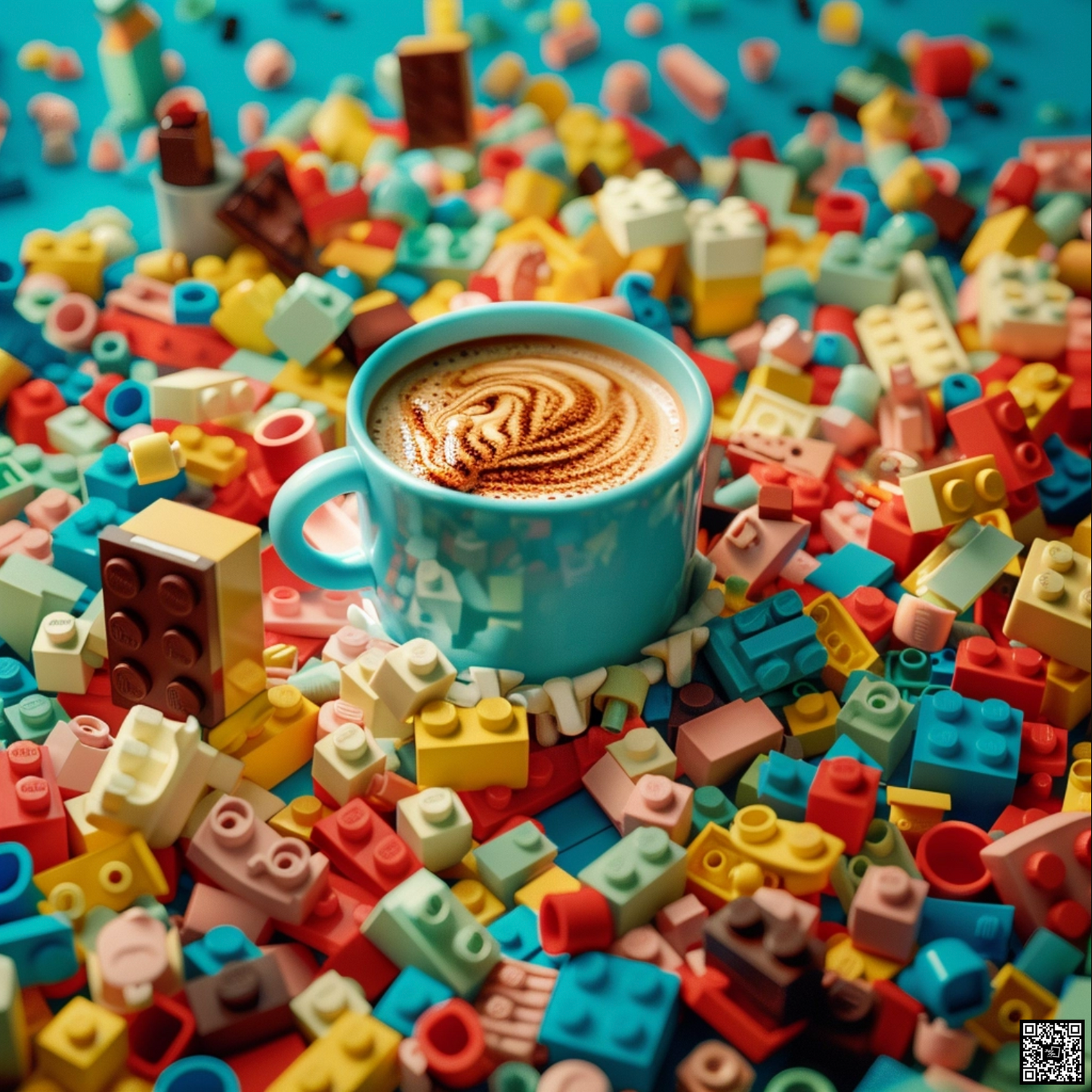 An abstract photo of hot chocolate driving through a sea of legos