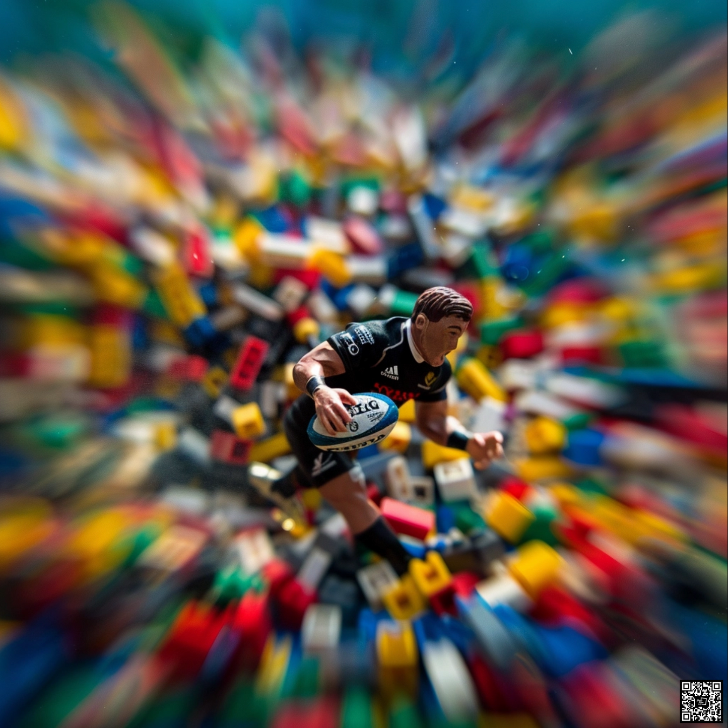 An abstract photo of rugby driving through a sea of Legos