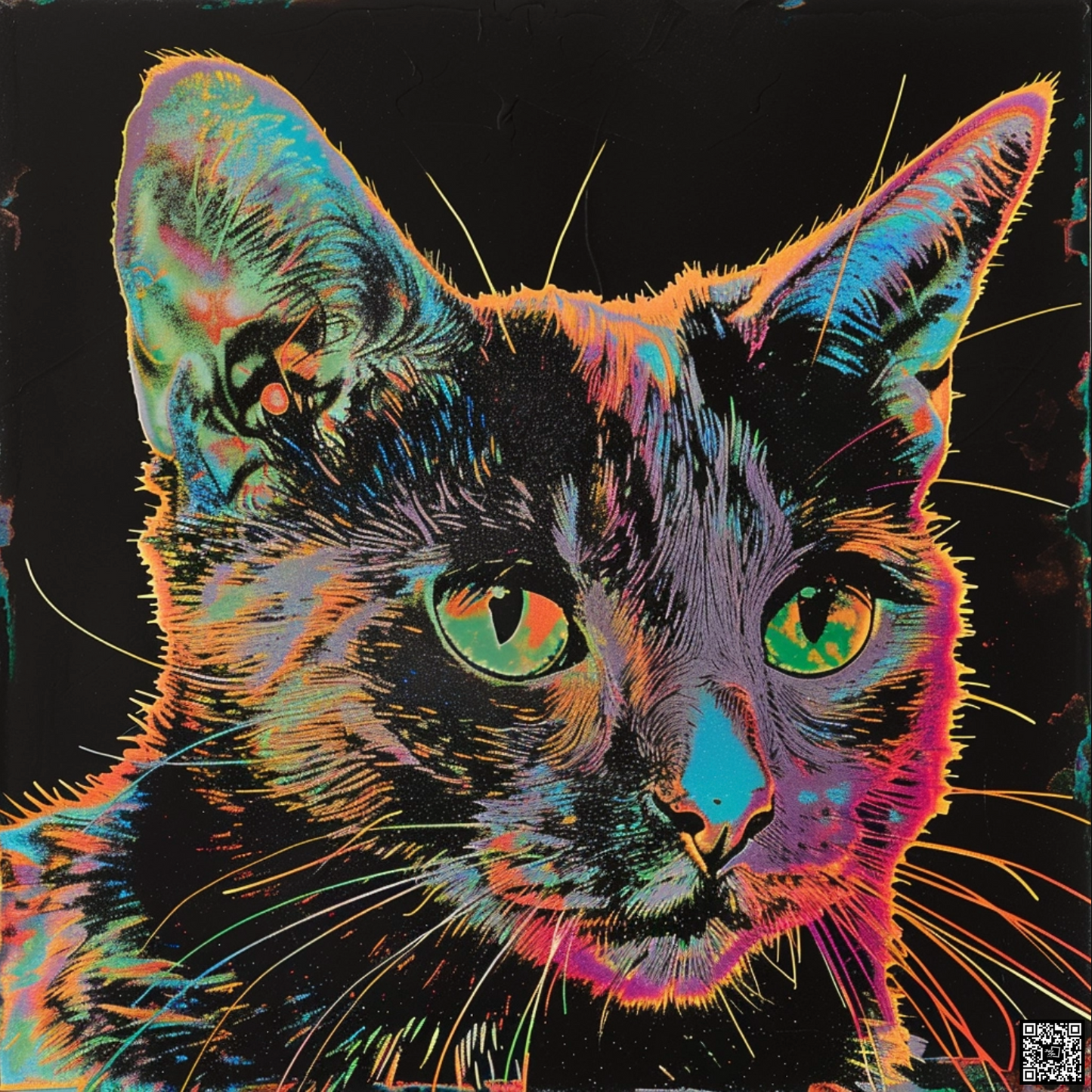 Baroque punk type cat animal in the style of risograph printed portraiture on artists paper