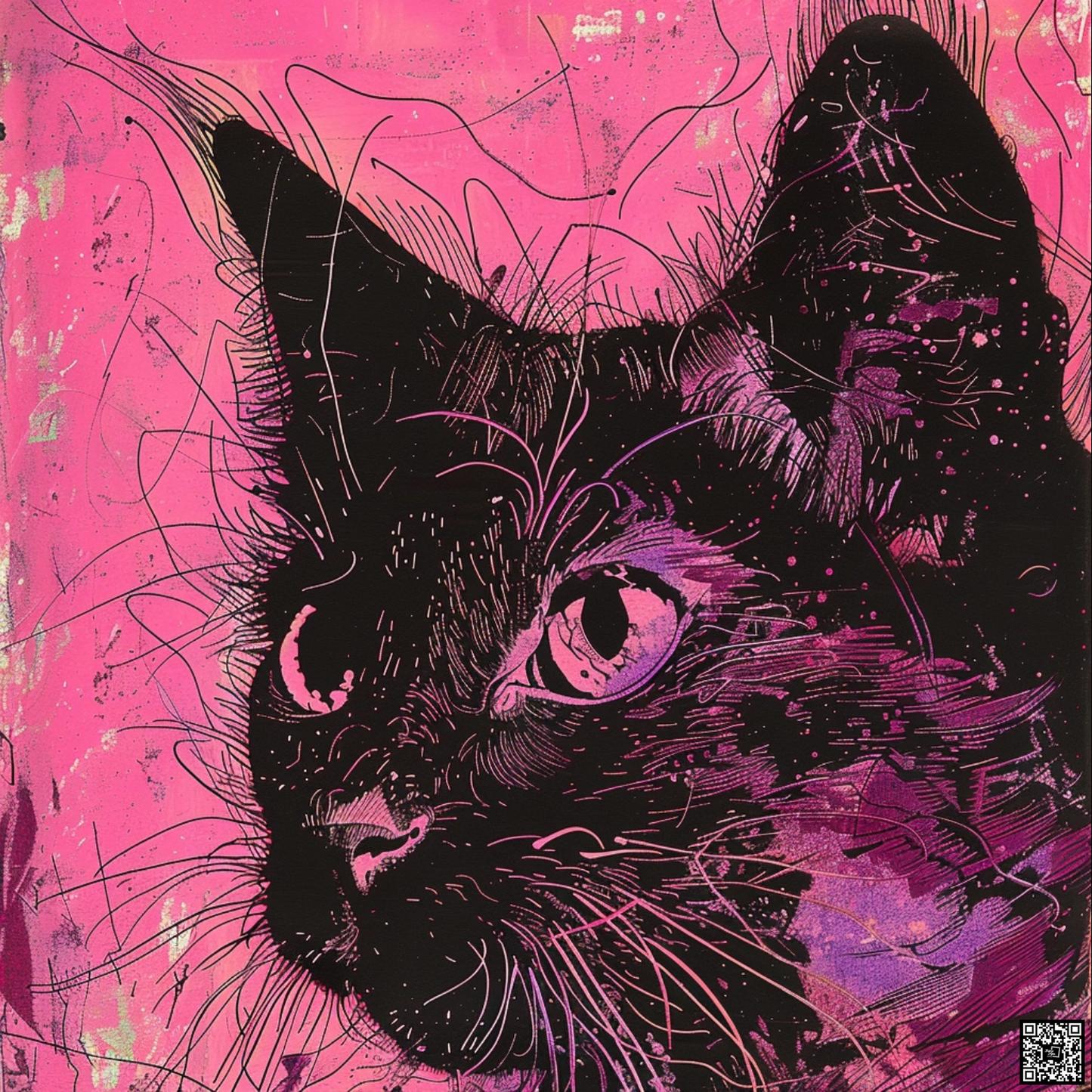 Baroque punk type cat animal in the style of risograph printed portraiture on artists paper