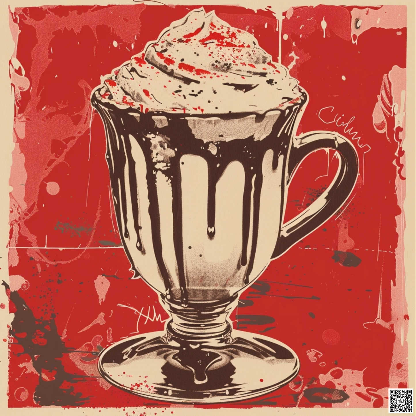 Baroque punk type hot chocolate the drink in the style of risograph printed portraiture on artists paper