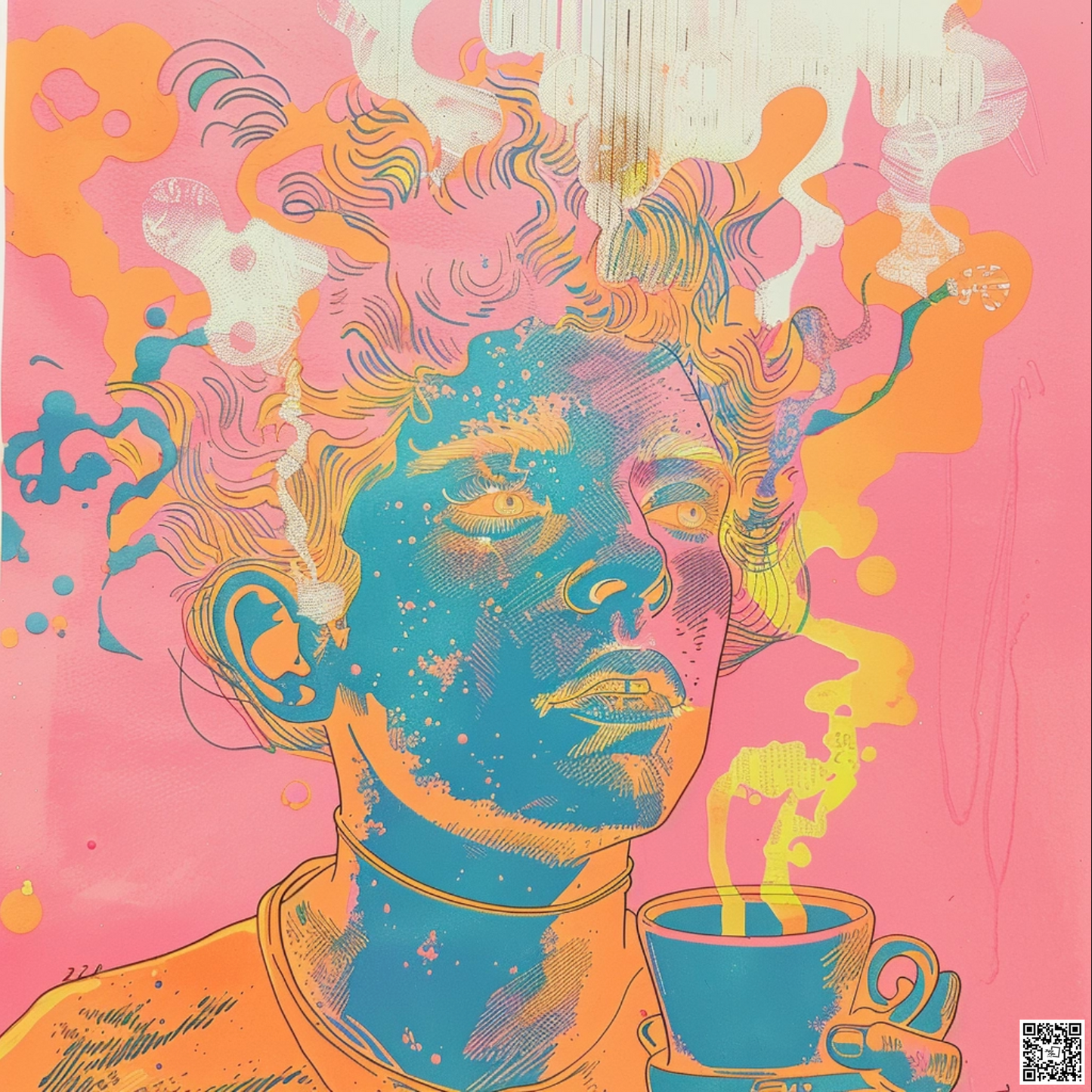 Baroque punk type tea in the style of risograph printed portraiture on artists paper
